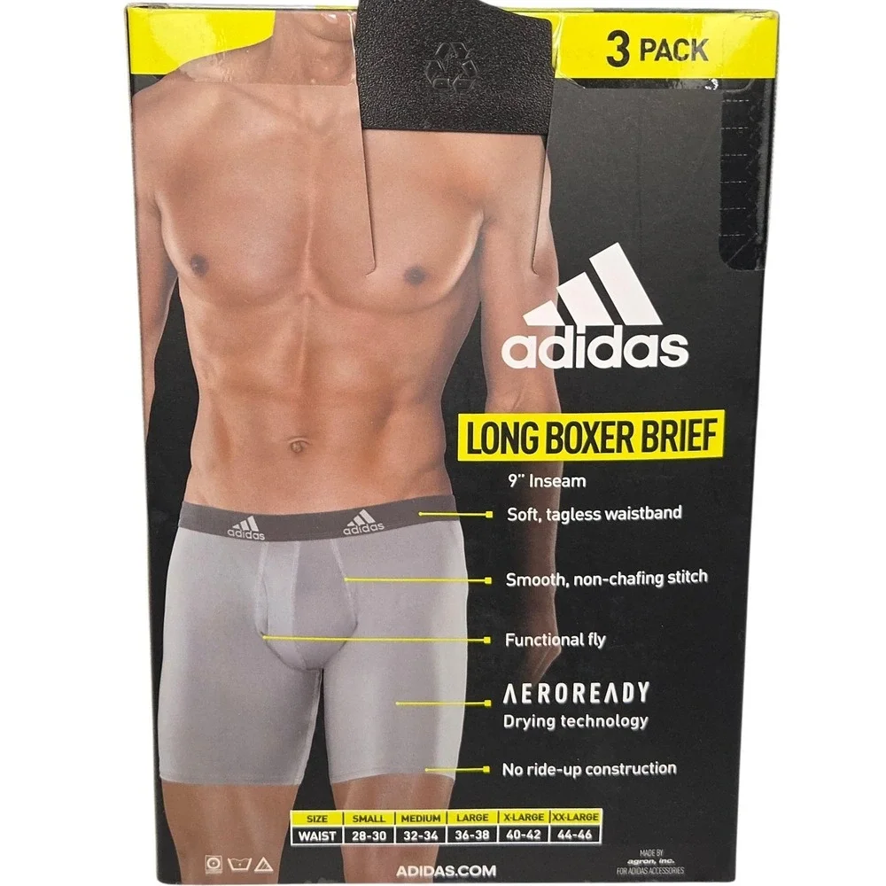Adidas Performance Long Boxer Briefs Mens 3 Pack Small (28-30)‎ Black 9